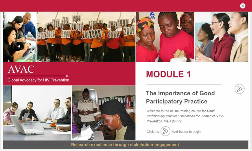 AVAC and SFDPH engaged SweetRush to develop a five-course blended learning program on Good Participatory Practice guidelines.