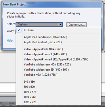 Captivate 7 Preset Template Dimensions Screenshot